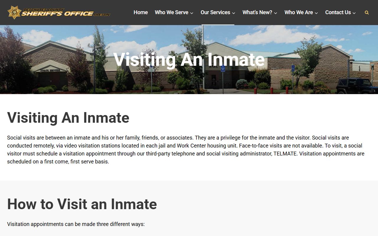 Deschutes County jail visitation rules for inmate population visits