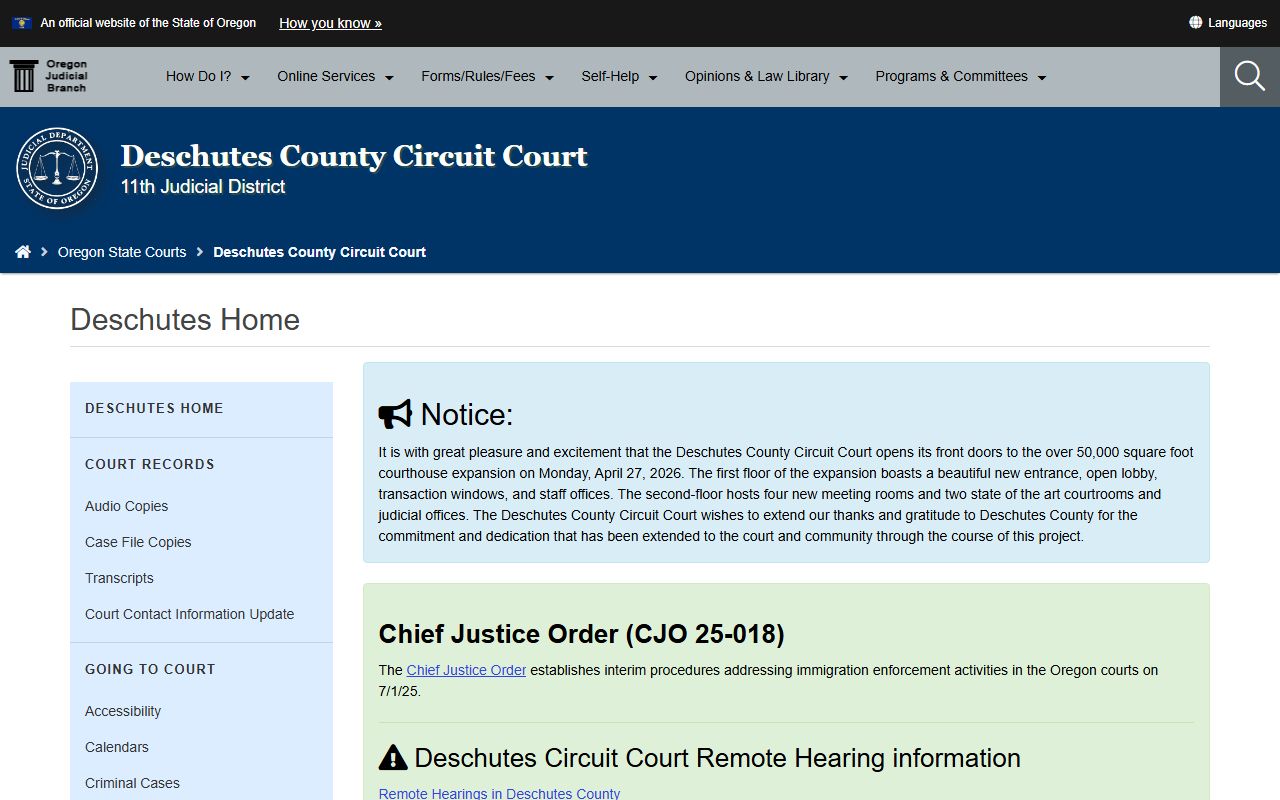 Deschutes County Circuit Court records after jail arrest copy access
